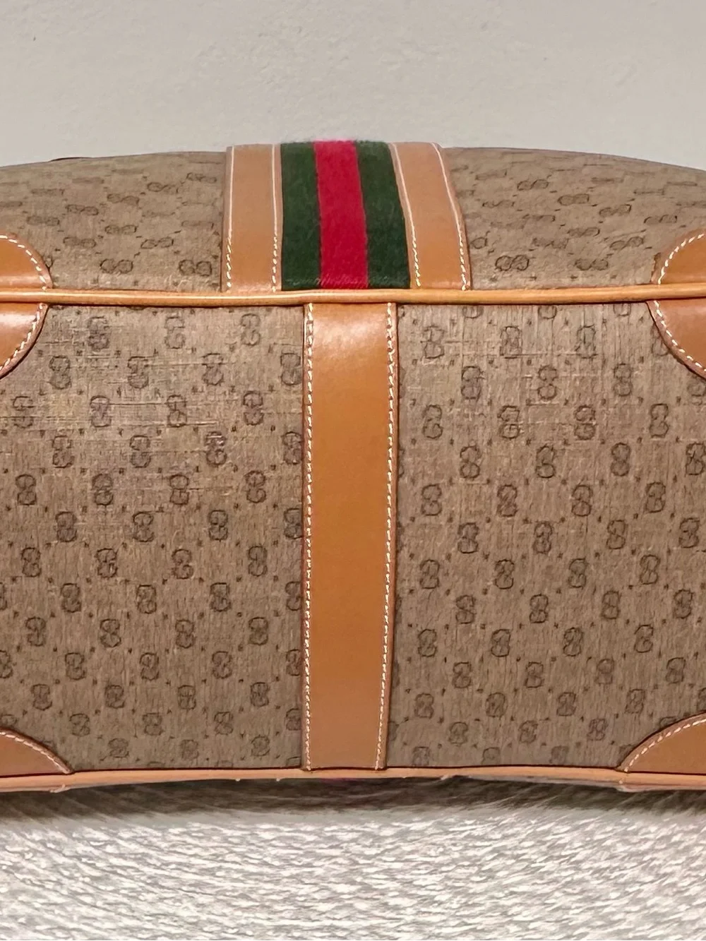 Gucci Tan GG Supreme 2-Way Satchel Boston Bag w/Green-Red Web Stripe Vintage
